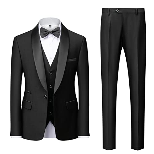 Generisch Lässiges 3 Teiliges Anzug Set für Herren 1 Knopf Slim Fit Formale Blazer Anzüge Schal Revers Stilvolle Business Party Jacke Weste Hose (L,Schwarz) von Generisch