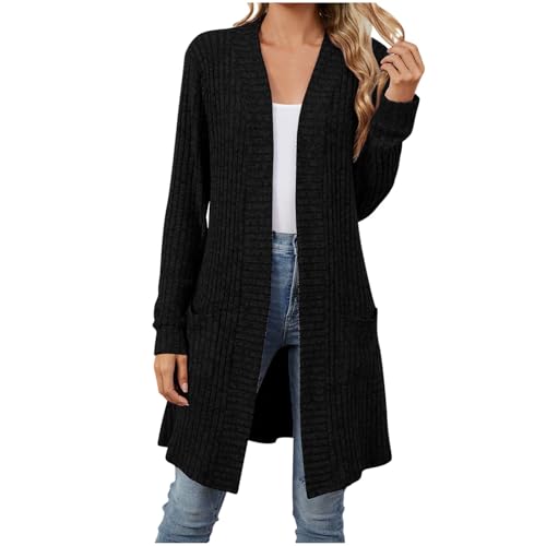 Generisch Lang Strickmantel Damen Elegant Einfarbig Strickjacke Langarm Cardigan Mädchen Strickjacken mit Taschen Herbst Winter Jacke Sweater Outwear Leichte Kleidung für Frauen S-XXL von Generisch