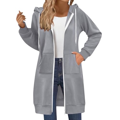 Generisch Lang Sweatjacke Damen Leicht Langarm Hoodie Jacke Herbst Winter Zipper Sweatshirt Slim Fit Reißverschluss Hoodie Outerwear mit Tasche Casual Sportjacke (1-Grey, S) von Generisch