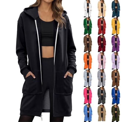 Generisch Lang Sweatjacke Damen Oversized Full Zip Kapuzenpullover mit Taschen und Kordelzug Weiche Fleecejacke als Y2K Übergangsjacke für Frauen von Generisch