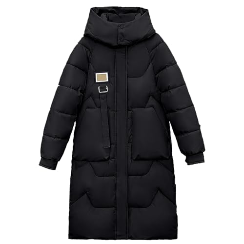 Generisch Lang Wintermantel Damen Winter Warmer Winterjacke Elegant Einfarbiger Steppmantel mit Kapuze Casual Kapuzenmantel Verdicken Mantel Baumwolljacke Langarmmantel mit Taschen(C Schwarz,L) von Generisch