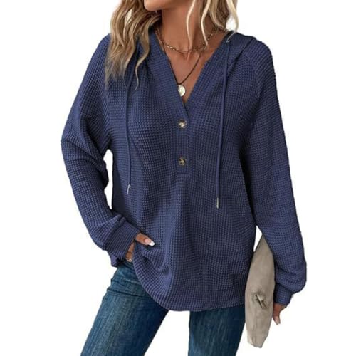 Generisch Langärmliges, gestricktes Damen-Sweatshirt Kordelzug Knopf V-Ausschnitt Casual Pullover Sweatshirt Kapuzenoberteile (Blue,L) von Generisch