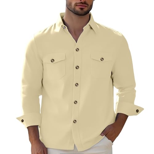 Generisch Langarm Strickhemd Herren Einfarbig Freizeithemd Leinenhemd Langarm Baumwolle Leinenshirt mit Brusttasche und Knöpfen Regular Fit Sommerhemd Button Down Langhemd Casual Strickjacke von Generisch