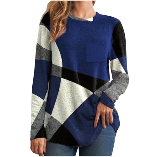 Generisch Langarmshirt Damen Farbblock Stitching Pullover Große Größen Longpullover Locker Rundhals Sweatshirt Leichte Langarm Longshirt Freizeit Longsleeve Oberteile Weich Stretch Tops mit Taschen von Generisch