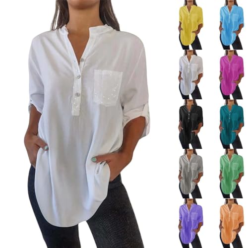 Generisch Langarmshirt Damen Große Größen Einfarbige Longbluse Elegant V-Ausschnitt Button Down Longshirt Basic Solide Hemd Lose Aufrollbaren Ärmeln Hemdbluse Oberteile Tops mit Taschen(A Weiß,3XL) von Generisch