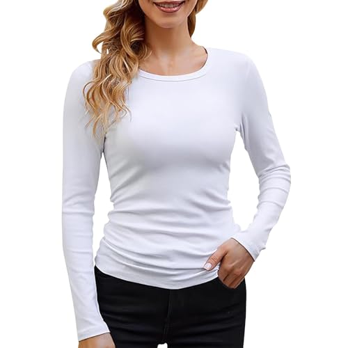 Generisch Langarmshirt Damen Rundhals Gerippt Pullover Elegant Stretch Langarm Oberteile Casual Basic Tops Weiß XL Generisch Langarmshirt Damen Rundhals Gerippt Pullover Elegant Stretch Langarm Oberteile Casual Basic Tops Weiß XL von Generisch