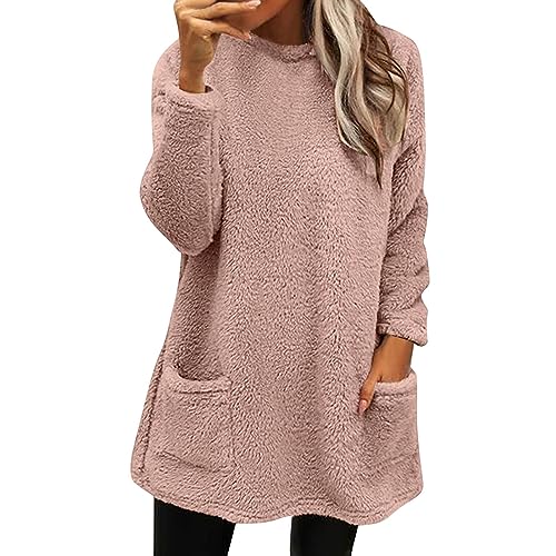 Generisch Langarmshirt Damen warm,Damen Lang Teddy Fleece Flauschig Pulli Lockeres Weich Winter Warm Sweatshirt Ohne Kapuze Einfarbig Lose Plüsch Oversize Casual Fleecepulli Mit Taschen von Generisch