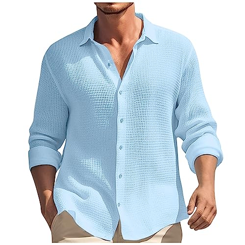 Generisch Langarmshirt Herren, Hemd Button Down Shirts Einfarbig Freizeithemd Casual Regular Fit Sommer Herren Stretch (XXL, Himmelblau) von Generisch