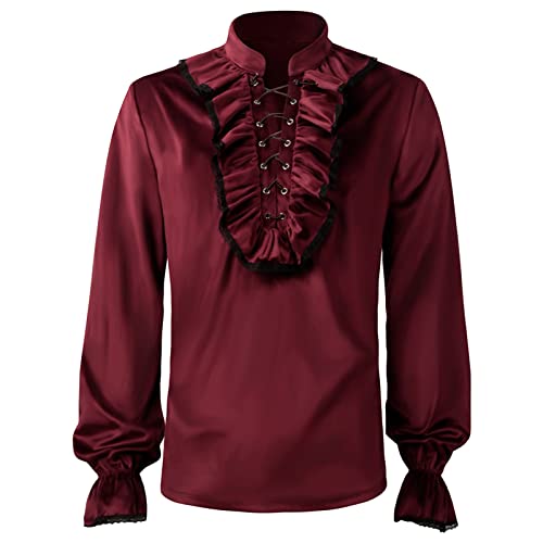 Generisch Langarmshirt Herren Leinenhemd Mittelalter Hemd Karneval Viktorianisch Halloween Männer Rüschenhemd Kostüm Gothic Piratenhemd Steampunk Vintage Oberteile von Generisch