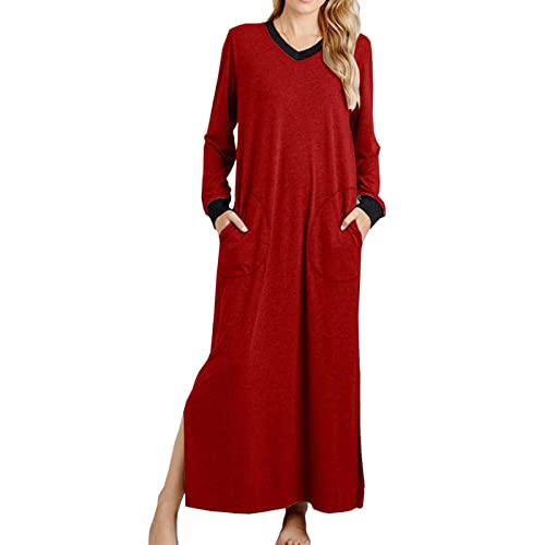 Generisch Lange Freizeitkleid Damen V-Ausschnitt Langarm Nachtwäsche Kleid Lässiges Baumwolle Nachthemd Elegant Bequemes Schlafshirt Kleider mit Taschen Schlafshirt Einfarbig Leicht Sleepwear von Generisch