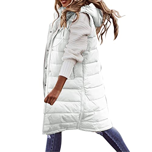 Generisch Lange Jacke Weste für Damen Ärmellose Kapuzenweste Steppweste Damen Lang Winteroberbekleidung Weste Damen Lang Reißverschluss Mantel Outdoor Winterjacke Mit Tasche Daunenjacke (Z1-Weiß, M) von Generisch