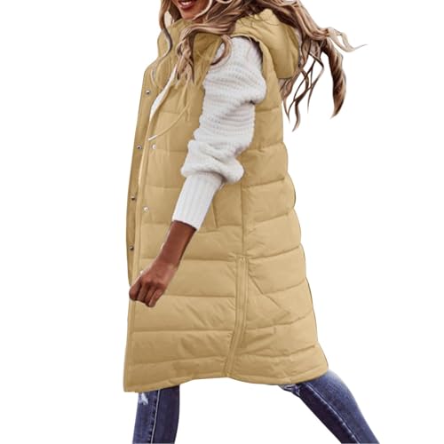 Generisch Lange Jacke Weste für Damen Ärmellose Kapuzenweste Steppweste Damen Lang Winteroberbekleidung Weste Lang Reißverschluss Mantel Outdoor Winterjacke Mit Tasche Daunenjacke von Generisch