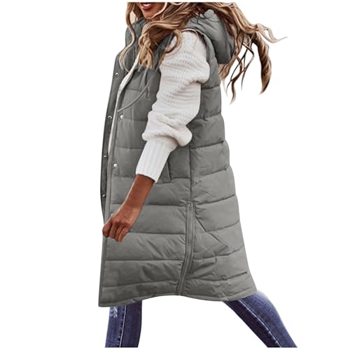 Generisch Lange Jacke Weste für Damen Ärmellose Kapuzenweste Steppweste Damen Lang Winteroberbekleidung Weste Lang Reißverschluss Mantel Outdoor Winterjacke Mit Tasche Daunenjacke von Generisch