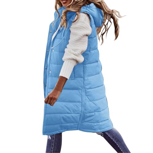 Generisch Lange Jacke Weste für Damen Ärmellose Kapuzenweste Steppweste Damen Lang Winteroberbekleidung Weste Lang Reißverschluss Mantel Outdoor Winterjacke Mit Tasche Daunenjacke von Generisch