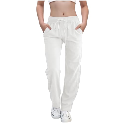 Generisch Lange Leinenhose Mädchen High Waist Strandhose Weitem Bein Hose Sommer Palazzo Hosen Leichte Bequem Freizeithose mit Taschen Stoffhose Baumwolle Leinen Elegant Sommerhose für Kinder von Generisch