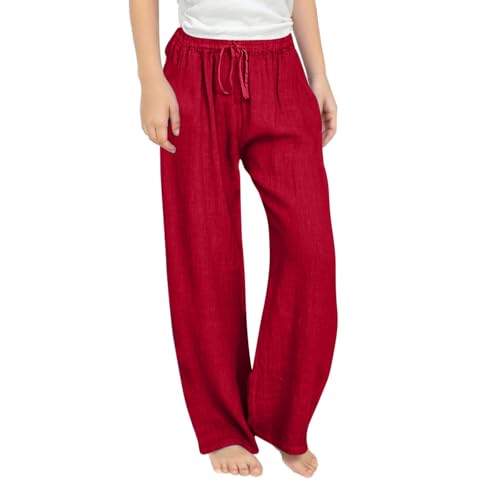 Generisch Lange Sommerhose Mädchen Leicht Elegant Stoffhose Casual Lose Leinenhose Einfarbig Mode Sommer Hose Baumwolle Leinen Strandhose Locker Weitem Bein Freizeithose für Kinder Jogginghose von Generisch