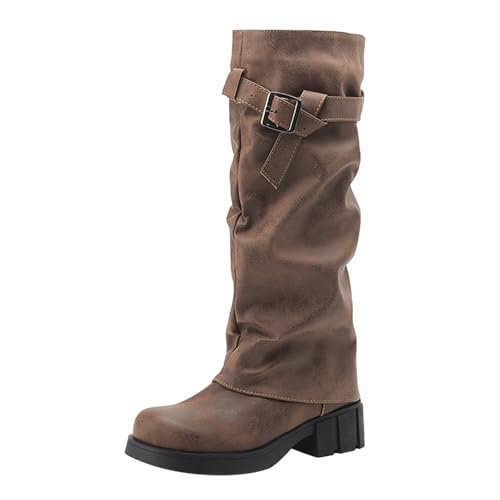 Generisch Lange Stiefel Damen Weitschaftstiefel-Langschaftstiefel Damenstiefel Long Boots Wildleder Hohe Stiefel Cowboystiefel Winterstiefel Schlupfstiefel Kniehohe Stiefels Gürtel Schnalle von Generisch