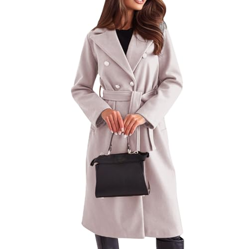 Generisch Langer Trenchcoat Damen Revers Zweireihig Wintermantel Damen Lang Elegant Mantel Damen Winter mit Gürtel Wollmantel Frauen Einfarbig Classic Übergangsmantel Lange Damenmantel mit Taschen von Generisch
