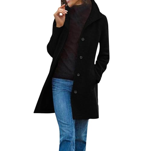 Generisch Langer Trenchcoat Damen Stehkragen mit Knöpfen Wintermantel Damen Elegant Mittellang Mantel Damen Winter Warm Wollmantel Lang Übergangsmantel Frauen Einfarbig Damenmantel mit Taschen von Generisch