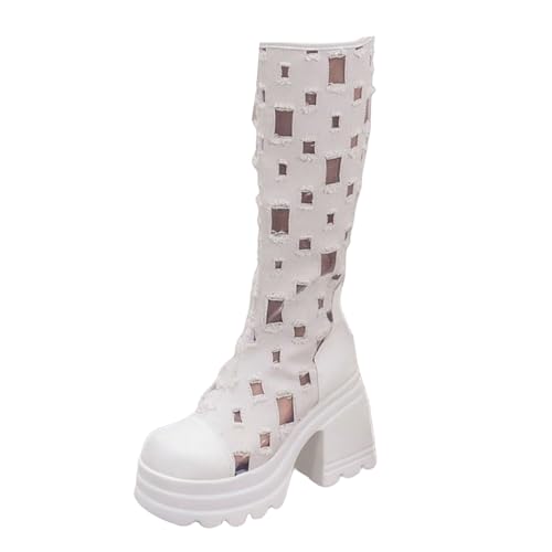 Generisch Langschaft Stiefel Damen Plateau Kniehoch Stiefeletten Aushöhlen Blockabsatz High Boots mit Reißverschluss hinten rutschfeste Dicke Sohle Damenstiefel Britische Lederstiefel von Generisch
