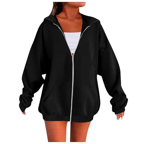 Generisch Laufjacke Damen Lang,Damen Sweatjacke Mit Kapuze,Sweatjacke 2025 Oversize Full Zip Kapuzenjacke Einfarbig Herbst Übergangsjacke College Style Casual Freizeit Bequem,Schwarz,L von Generisch