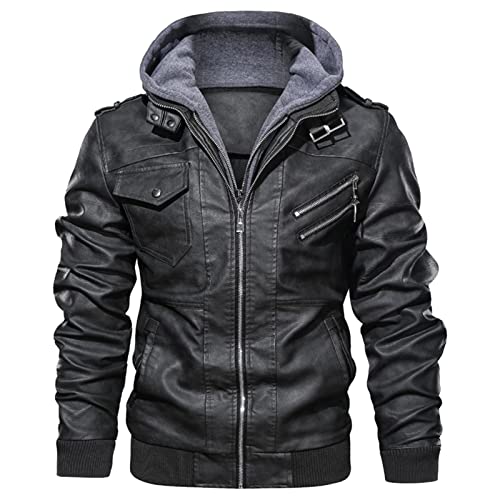 Generisch Leather Jacket Men, Herren Übergangsjacke Bikerjacke Hooded Mit Kapuze Skijacke Bomberjacke Winter Gefüttert Lederjacken Für Männer Leder Men Jacket Echtleder (3XL, Dunkelgrau) von Generisch
