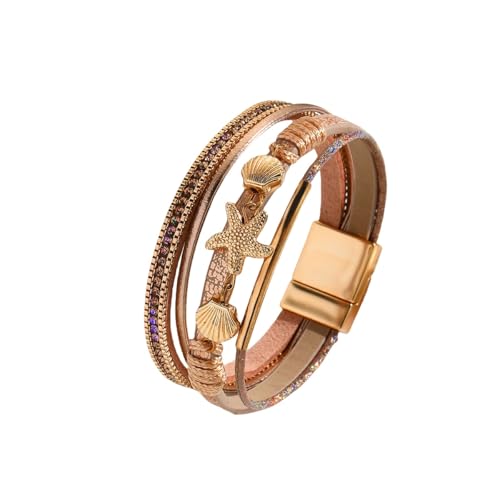 Generisch Leder Armband Herr,Handgewebtes Mehrschichtiges Modisches Böhmisches Seestern-Muschel- Lederarmband Mit Magnetschnalle, Energieschmuck Für Frauen, Blau von Generisch