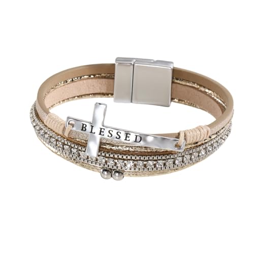 Generisch Leder Armband Herr,Handgewebtes Mehrschichtiges Modisches Bohemian-Kreuz-Lederarmband Mit Leichter Luxus-Mikrodiamant-Magnetschnalle, Energieschmuck Für Frauen von Generisch