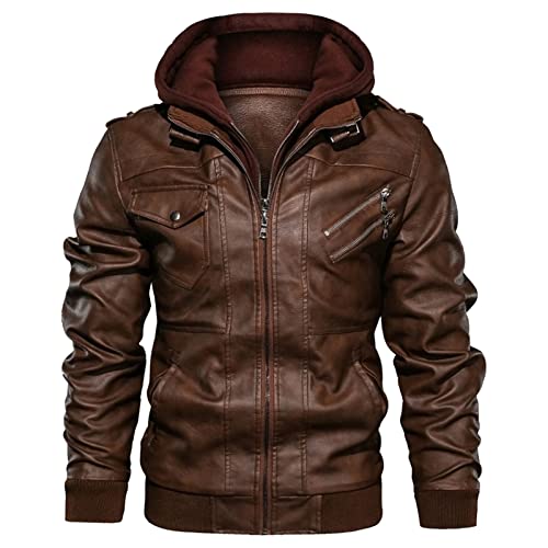 Generisch Leder Jacke Herren, Bikerjacke Hooded Leather Mit Kapuze Lederjacke Herren Winter Jeansjacke Motorrad Hoodie Protektoren Jacken Biker Jackets For Men Für Sommer Jacket (XL, Braun) von Generisch