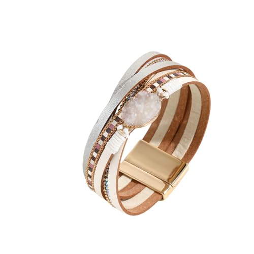 Generisch Lederarmband Damen,Handgewebtes Mehrschichtiges Modisches Bohemian Multilayer Pu-Quarz-Strass-Magnetschnalle-Lederarmband, Energieschmuck Für Frauen von Generisch