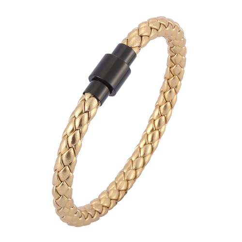 Generisch Lederarmband Herren, 6Mm Geflochtenes Lederarmband Für Männer Handgefertigtes Armband Mit Magnetverschluss Dünn Vintage Schmuck Mit Beutel Geschenke Für Freund Ehemann Golden 16,5Cm von Generisch