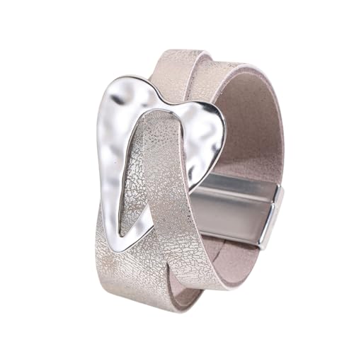 Generisch Lederarmband Herren,Handgewebtes Mehrschichtiges Modisches Pu-Lederarmband Mit Großer Liebesschnalle Und Magnetverschluss, Energieschmuck Für Frauen Khaki von Generisch