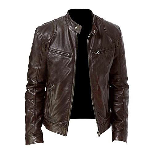 Generisch Lederjacke Herren, Übergangsjacke Bikerjacke Freizeitjacke Casual Klassisch Mit Reißverschluss Felljacke Herren Motorradjacke Leder Stoff Retro Coole Lederjacken Blouson (S, Braun) von Generisch