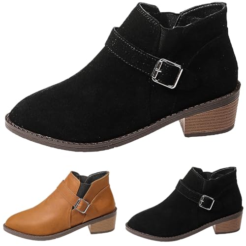 Generisch Lederstiefel Mit Schnallen - Damen Elegant Kurzstiefel Mit Kurzer Absatz - Stiefeletten Schwarz Stiefe Spitz Ankle Boot Für Frauen Outdoor Boots Boot Reitstiefel Flache Schuhe von Generisch