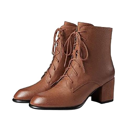 Generisch Lederstiefelette Damen Spitze Zehe Stiefel Halbstiefel Schnürstiefel mit Blockabsatz Schnüren Stiefeletten Kurzschaft Damenstiefel Retro Leder Kurzstiefel Cowboy Boots Herbst Winter Schuhe von Generisch