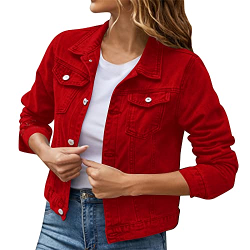 Generisch Leichte Jeansjacke Damen Sommer Rote Kurz Oversize Frühlingsjacke Einfarbig Übergangsjacke Mit Taschen Dünne Jeans Jacke Für Frauen Vintage Sommerjacke von Generisch
