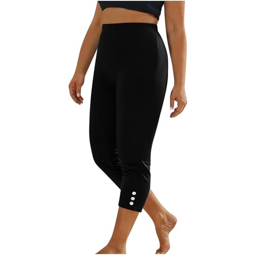 Generisch Leichte Sommerhose Damen 7/8 Jeggings Damen Sommer Stretch High Waist Hose Curvy Sommerhosen Leicht Und Luftig Leggings Sommer 7/8 Hosen Mit Gummizug Damenhosen Mit Knöpfen Freizeithose von Generisch