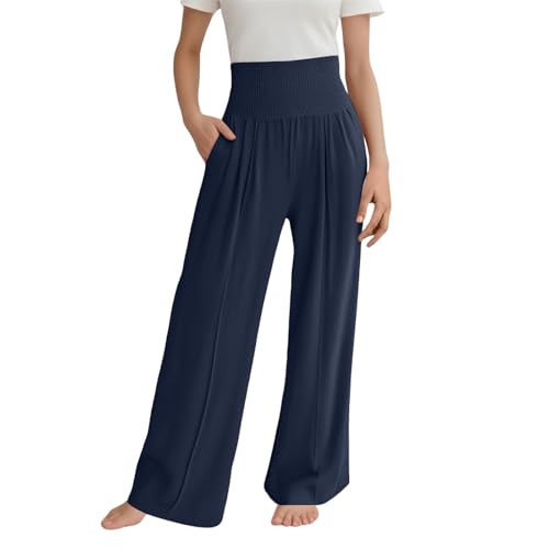 Leichte Sommerhose Mädchen Marineblau High Waist Palazzohose Weites Bein Musselin Hose Casual Elastische Taille Freizeithose Luftig Elegant Strandhose Mit Taschen von Generisch