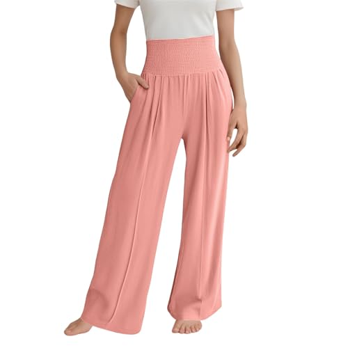 Leichte Sommerhose Mädchen Rosa High Waist Palazzohose Weites Bein Musselin Hose Casual Elastische Taille Freizeithose Luftig Elegant Strandhose Mit Taschen von Generisch