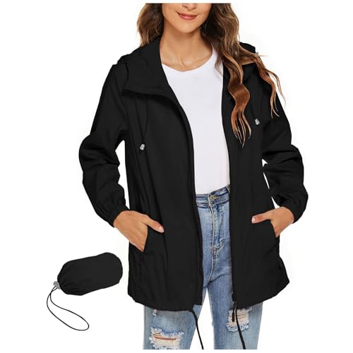 Generisch Leichte Sommerjacke Damen Regenjacke Damen Wasserdicht Leicht Regenmantel Faltbar Windbreaker Dünne Packbar Reisen Fahrrad Regenjacken Windjacke Schwarz von Generisch