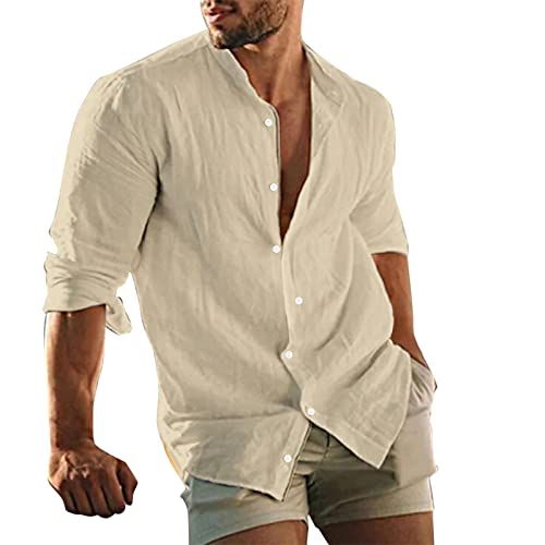 Generisch Leinen Hemd Herren Langarm Sommer Hemden Button Down Regular Fit Freizeithemden Sommer Strand Leinen Shirt (Gelb, M) von Generisch