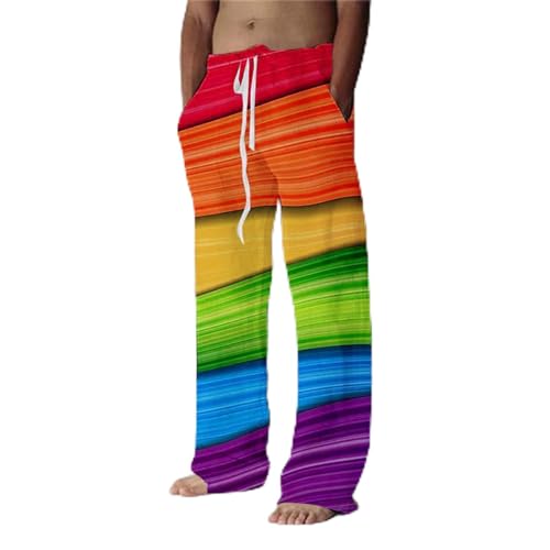 Generisch Leinen Herren-Hosen Bunte Drucken Leinenhose Herren Leicht Sommerhose Leinen Herren Hose Lang Aus Baumwoll Regenbogen Für Männer Stoffhose (Rot, L) von Generisch