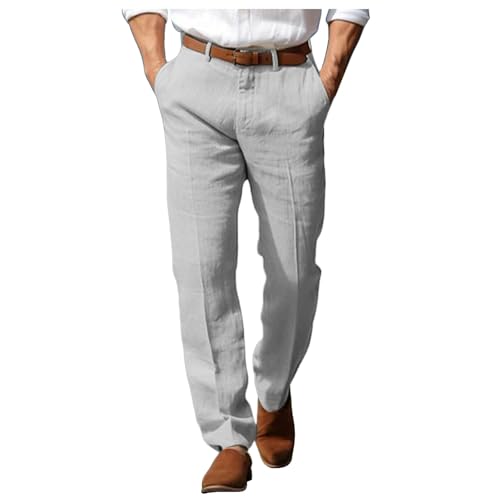 Generisch Leinen Hose, Leinenhose Herren Lang Leichte Sommerhose Business Elegant Chino Stoffhose Anzughose Dünne Leinen Hose Strandhose Weite Freizeithose Herrenhosen, Lichtgrau, M von Generisch