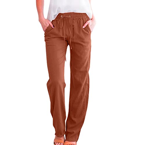 Generisch Leinen Hose Damen Sommer Leichte Baumwolle Leinenhose Casual Bequeme Stoffhose Lang Luftige Freizeithose Strandhose mit Taschen von Generisch