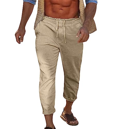 Generisch Leinen Hose Herren Mit Kordelzug Und Taschen Freizeithose Geraden Jogginghose Einfarbiger Sommerhose Leichte Strandhose Atmungsaktiv Stoffhose Lockere Musselinhose Bequeme Loungewear von Generisch