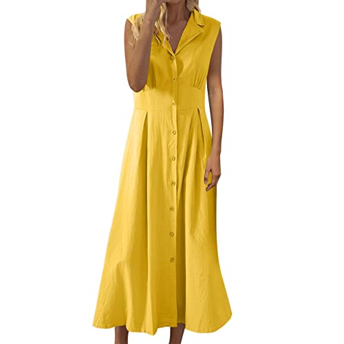 Generisch Leinen Kleid Damen Lang - Freizeit Mode Dress Sommerkleid Leinenkleider Kurzarm Midi Lange Tunika Bluse Frauen V-Ausschnitt Halbarm Hemdkleid Elegant Casual Einfarbig Kurzes Midikleid von Generisch