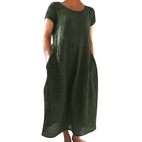 Generisch Leinen Kleider Damen Sommer Casual Rundhalsausschnitt Kurzarm Langes Kleid Große Größen Leinenkleider Sommerkleid Basic Einfarbig Freizeitkleid Strandkleider mit Taschen(A Grün,4XL) von Generisch