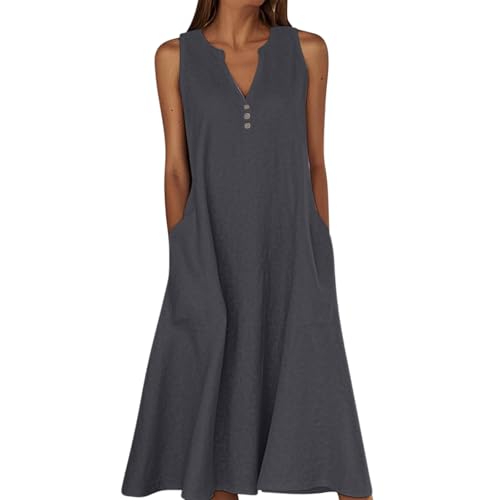 Generisch Leinen Kleider Für Damen Lang Freizeit Kleid Rundhalsausschnitt Freizeitkleid Große Größen Sommer Beach Strandkleid Leicht Und Luftig Langes Kleid Elegante Summer Dress von Generisch