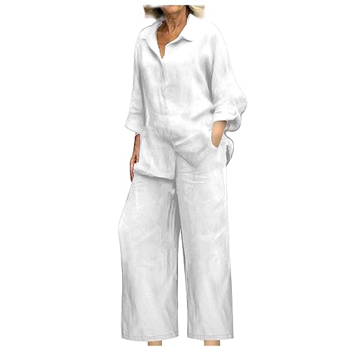 Generisch Leinen Set Damen 2025 Zweiteiler Sommer Musselin Hosenanzüge Elegant Tank Top Und Hose Leinen Baumwolle Freizeitanzug Casual Leicht Anzug Leinen Set von Generisch