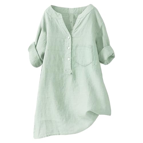 Leinen Shirt Damen Kurzarm Longbluse Elegant Leinenbluse Sommer Oversize Musselin-Bluse Oversized Große Größen Hemdbluse Lang Leinenhemd Schicke Oberteile Leinenblusen Longshirt Hemd von Generisch